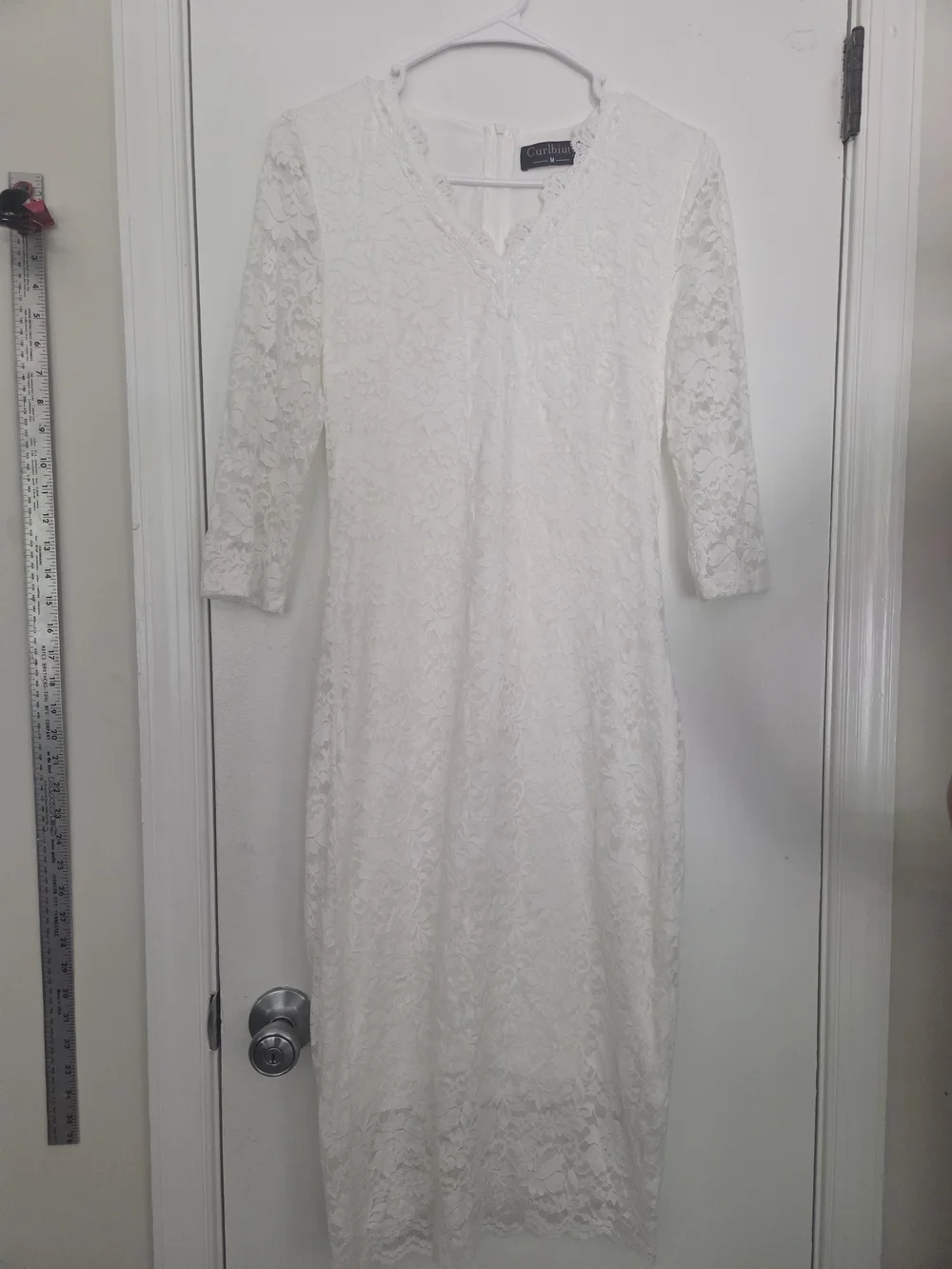 Curlbiuty Cream Lace Midi Dress Medium V-Neck 3/4 Sleeve